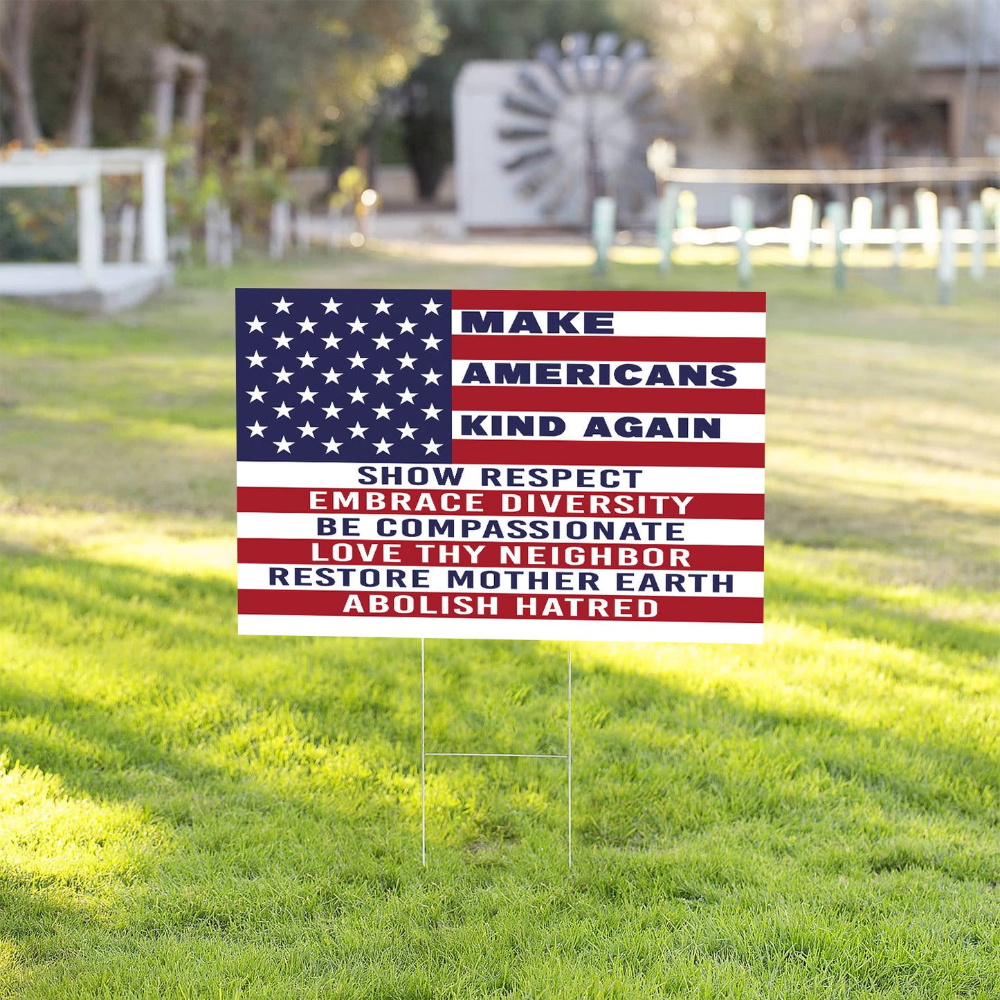 Teesdily | Make Americans Kind Again Yard Sign, American Flag Patriot Lawn Garden Sign, Show Respect Us Metal Outdoor Sign, Christian Home Decor Gift