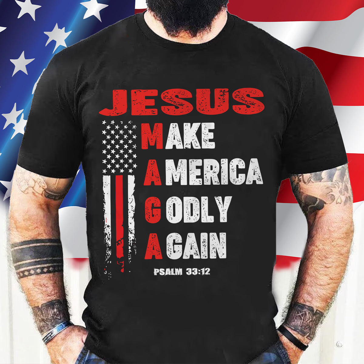 Teesdily | Jesus American Flag Shirt, Jesus Make America Godly Again Tee Sweatshirt Hoodie Mug, Jesus Lovers Tee Gifts, Patriotic Shirt