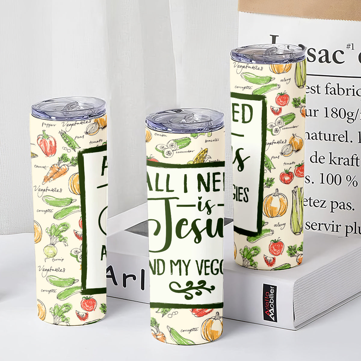 Teesdily | Christian Vegetarian Skinny Tumbler, All I Need Is Jesus And My Veggies Insulated Tumbler 20oz, Cute Vegetables Pattern Water Tumbler Gifts