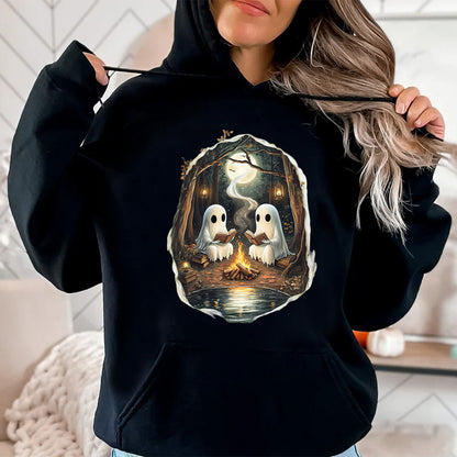 Teesdily | Camping Halloween Ghost Shirt, Halloween Ghost Reading Book Hoodie, Spooky Season Camping Fire Hoodie Mug, Women Fall Tee, Halloween Gift