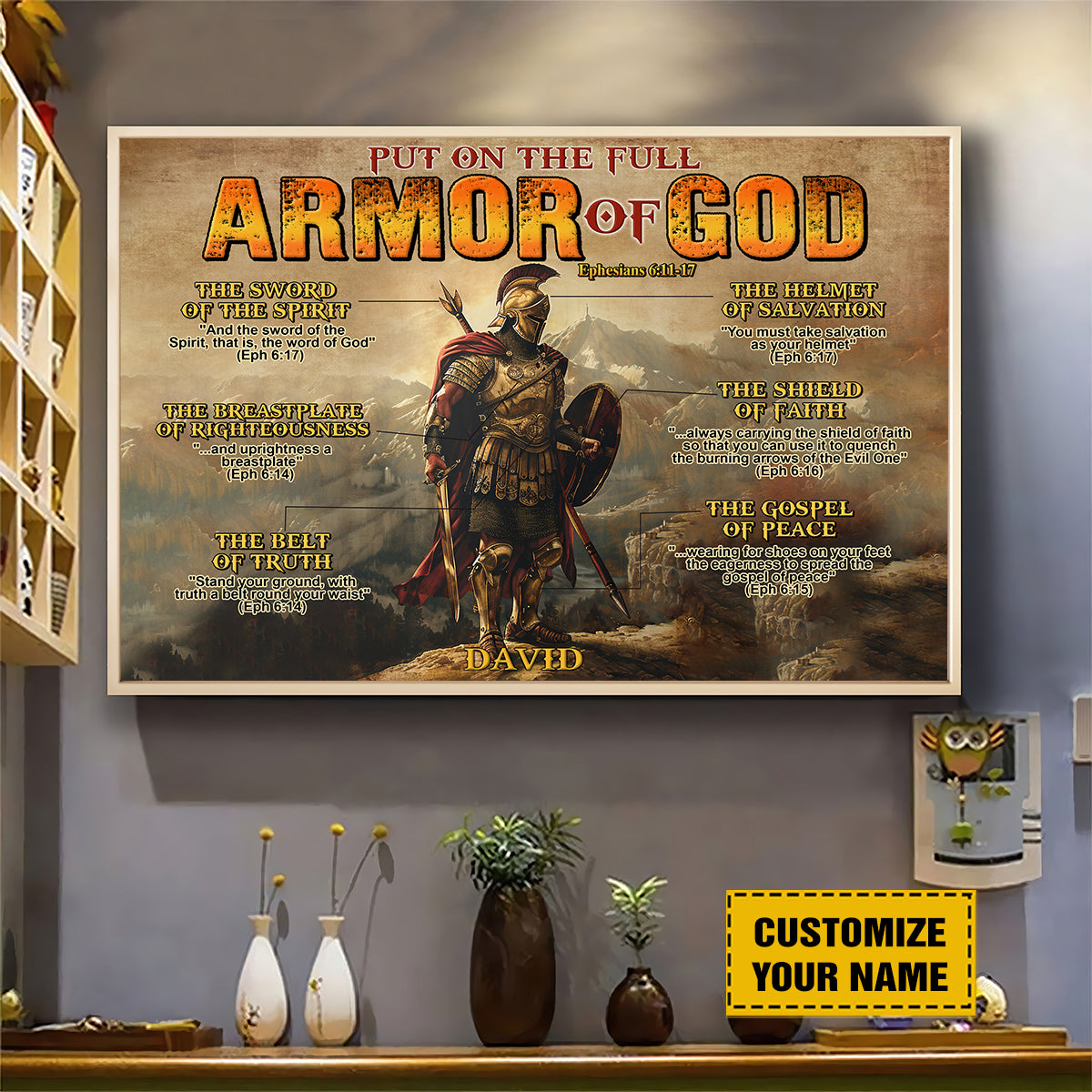 Teesdily | Customized Christian Warrior Poster Art, Put On The Full Armor Of God Canvas, Ephesians 613 Bible Verse Print Art, Jesus Lover Gifts