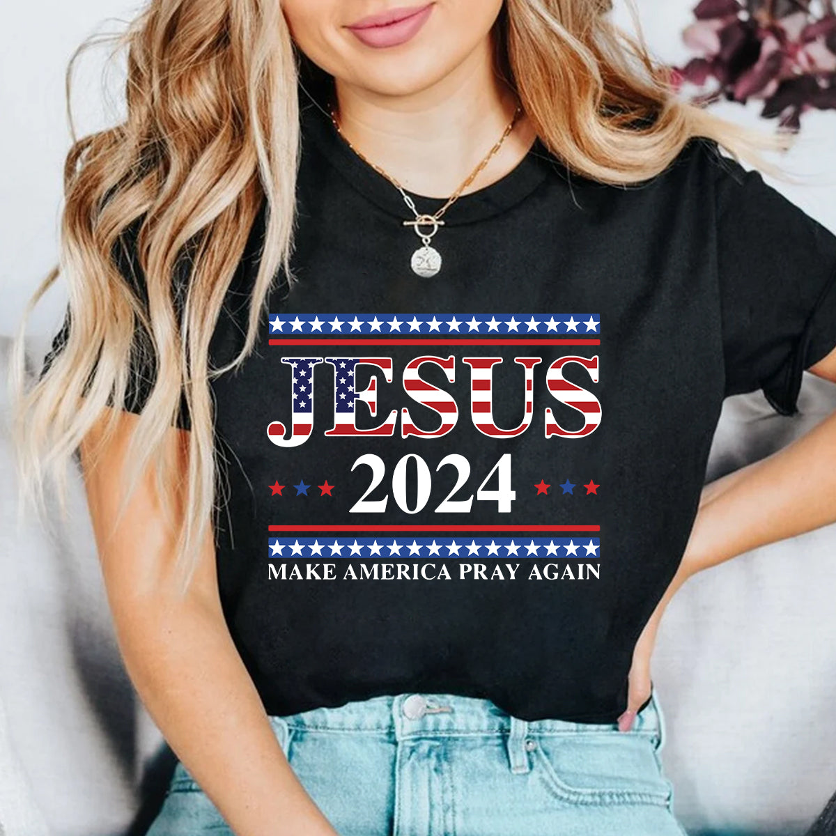 Teesdily | Jesus American T-shirt, Jesus 2024 Make America Pray Again Tee Sweatshirt Hoodie Mug, Christian Patriotic Shirt, Jesus Lovers Gifts