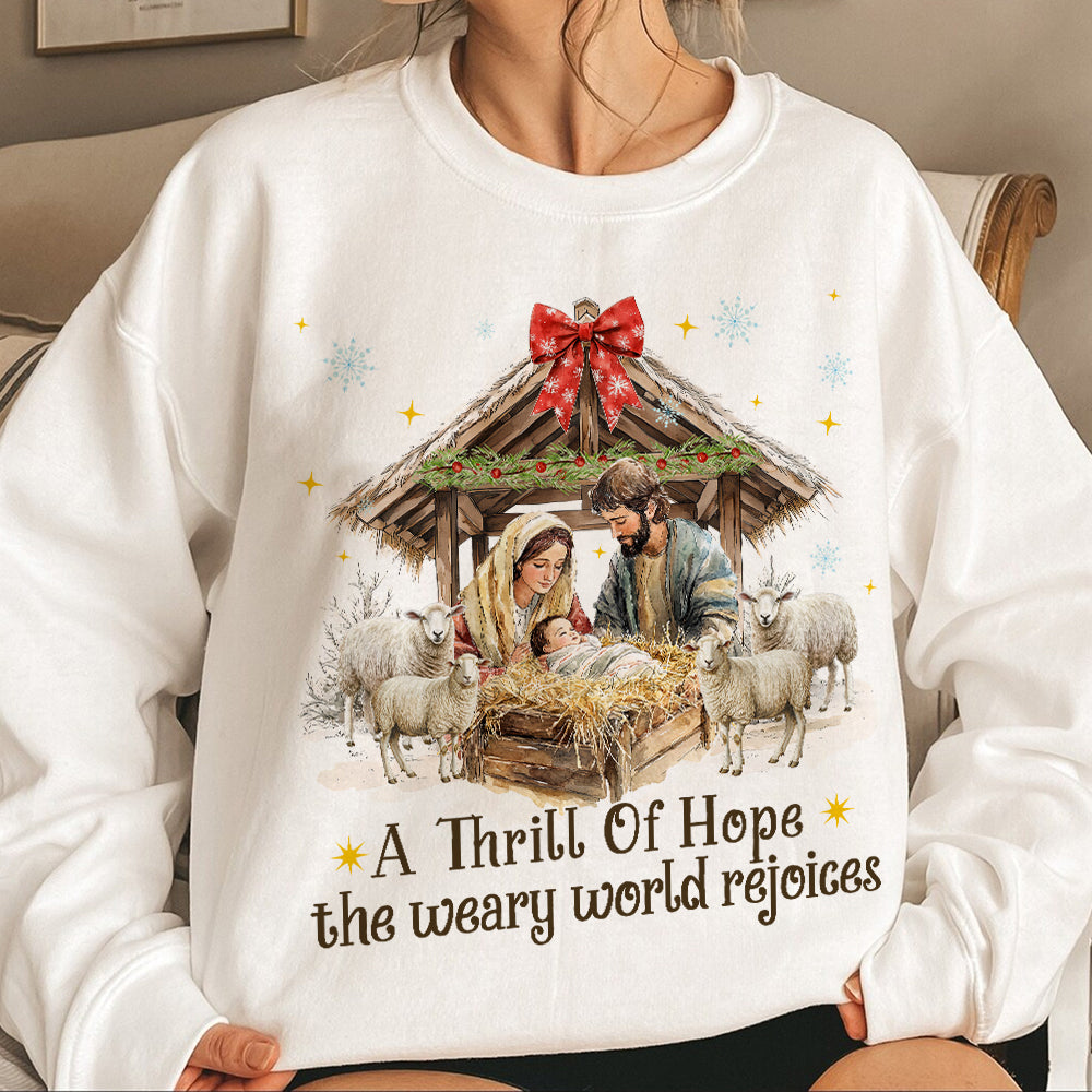 Teesdily | Nativity Scene Christmas Coquette Jesus Shirt, A Thrill Of Hope Sweatshirt, Christmas Nativity Hoodie Mug Religious Gift