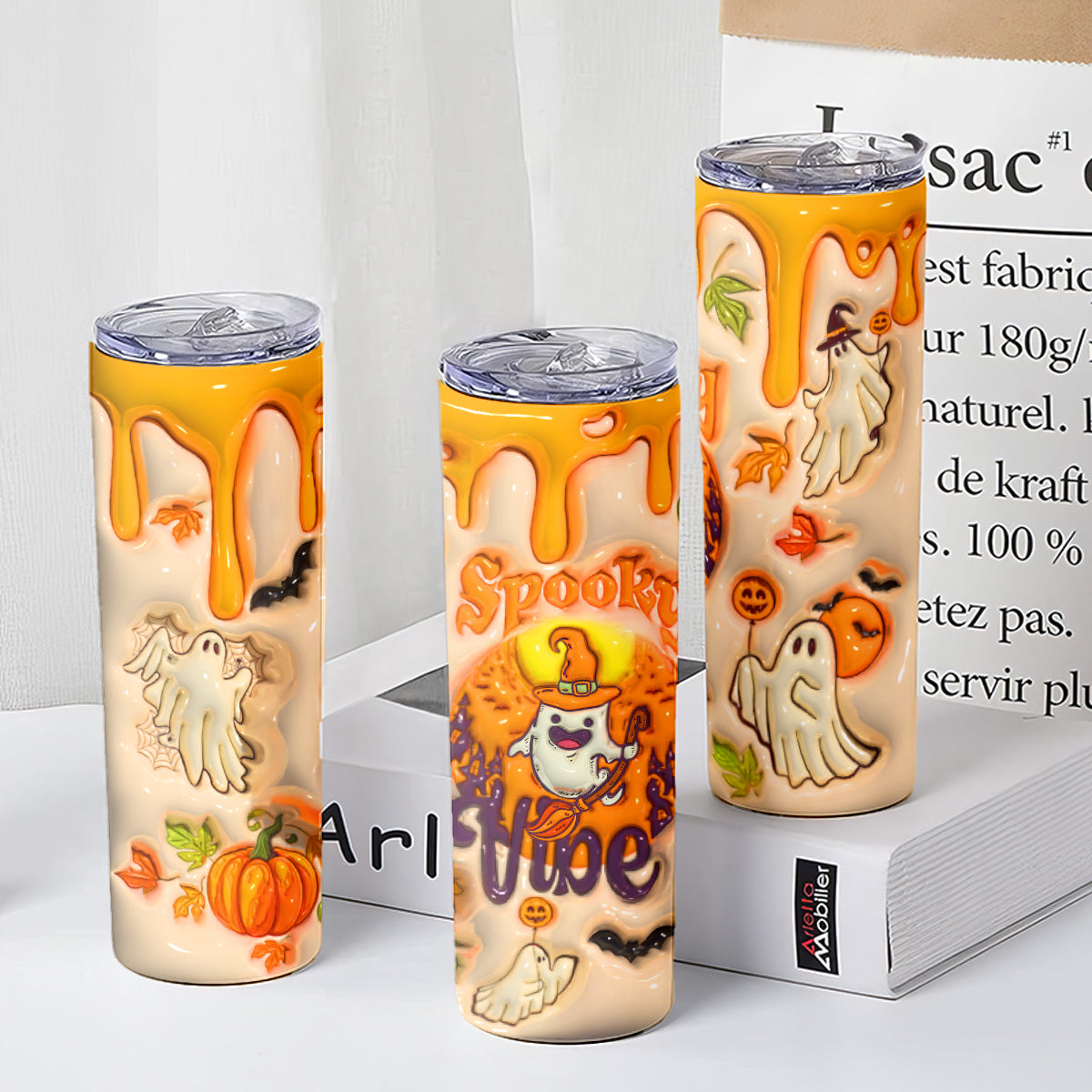 Teesdily | Halloween Spooky Vibes Ghost 3D Inflated Skinny Tumbler, Ghost Pumpkin Tumbler 20oz, Cute Ghost Tumbler Coffee, Happy Halloween Gifts