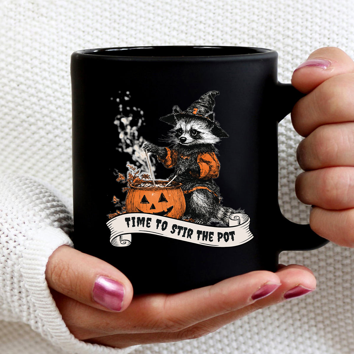 Teesdily | Retro Witch Raccoon Shirt, Time To Stir The Pot Sweatshirt, Raccoon Pumpkin Pot Hoodie Mug, Halloween Costume Family