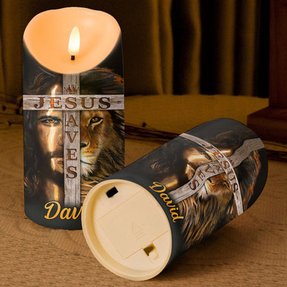 Teesdily | Customized Jesus Lion Of Judah Led Candle, Jesus Saves Flameless Candle, Christmas Jesus Gift, Christian Xmas Gift