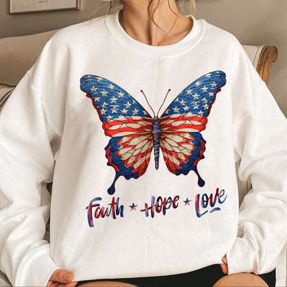 Teesdily | Jesus Butterfly American Flag Shirt, Faith Hope Love US Pride Patriotic T-shirt, Independence Day Sweatshirt Hoodie, Butterfly Lover Gifts