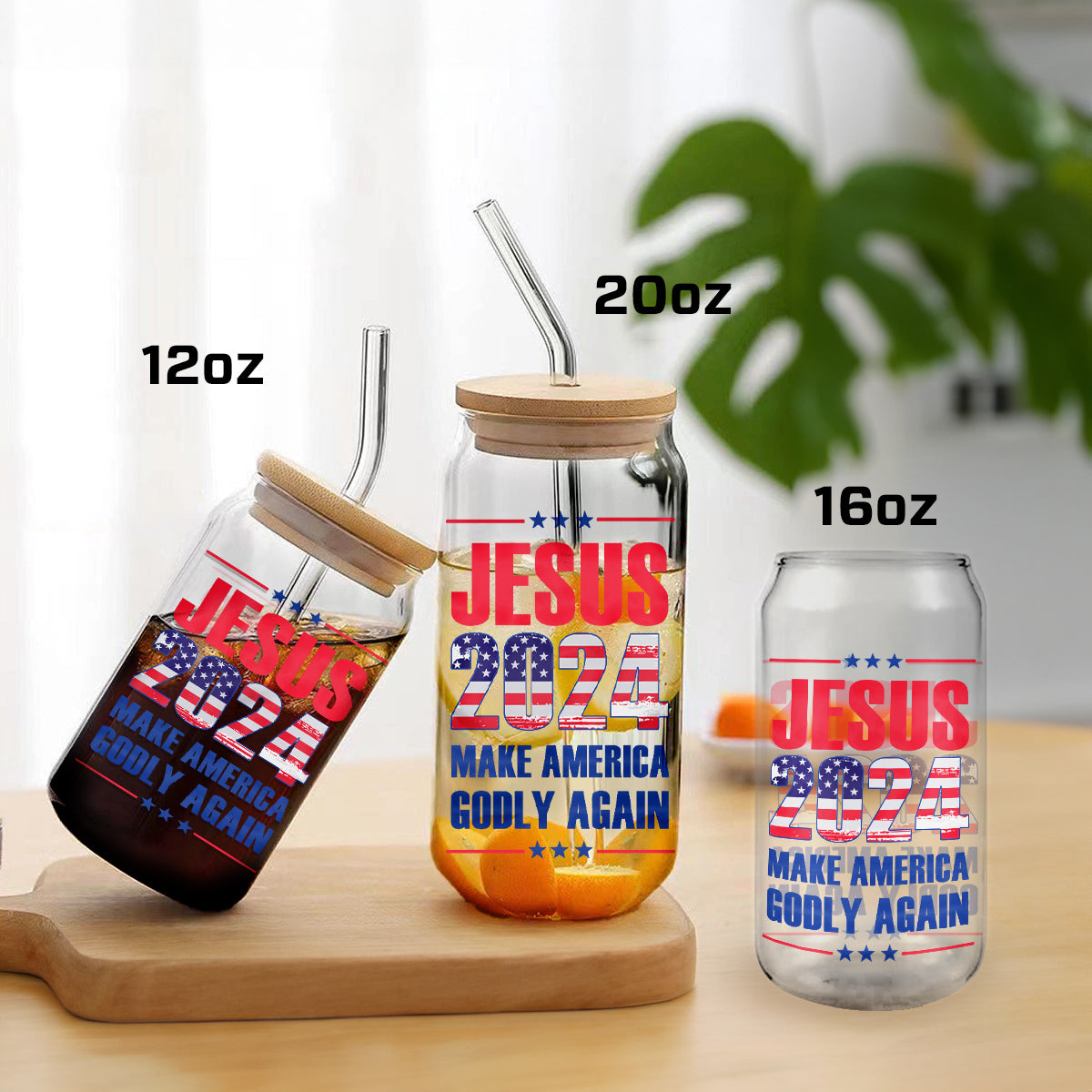 Teesdily | Jesus American Flag Glass Can, Jesus 2024 Make America Godly Again Coffee Cup, God Lovers Gifts, Frosted / Clear Glass Can With Straw