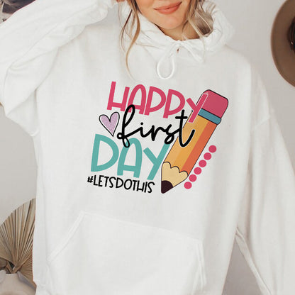 Teesdily | Happy First Day Of School Shirt, Back To School Sweatshirt Hoodie Mug, Cute Teacher Pencil Tee, Gift For Teachers