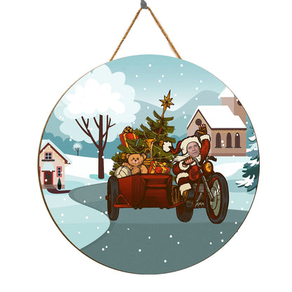 Teesdily | Customized Photo Santa Claus Motorcycle Christmas Wood Sign Christmas Decoration Gift For Family Holiday Gifts Housewarming Gift