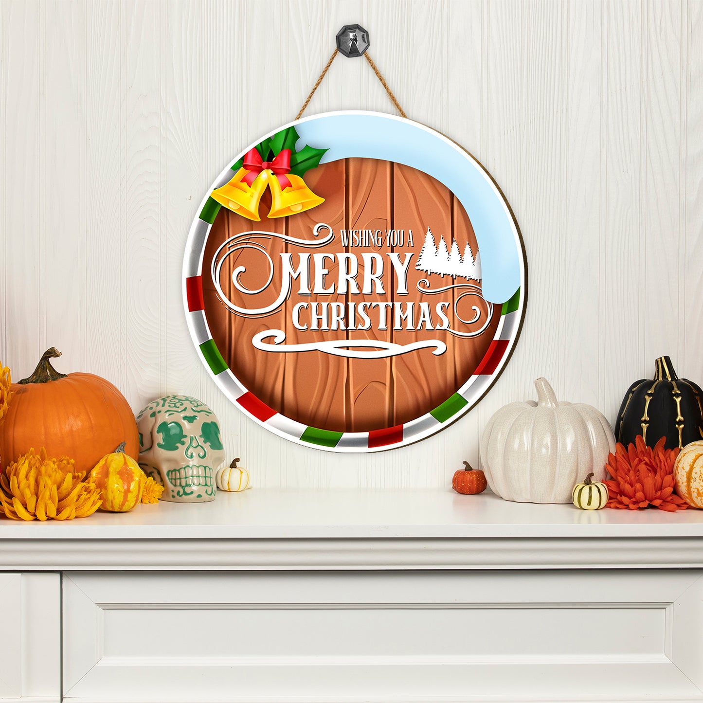 Teesdily | Christmas Round Hanging Sign, Wishing You A Merry Christmas Wooden Sign, Seasonal Front Porch Door Decor, Christmas Wood Door Hanger