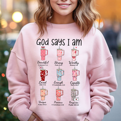 Teesdily | Valentines Day God Says I Am Shirts Short Sleeve Cute Valentine Heart Cup Tumblers Womens Sweatshirt Hoodie Mug Gift For Wife Girlfriend