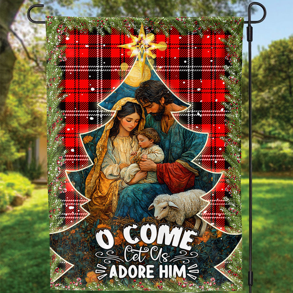 Teesdily | Holy Family Nativity Jesus Christmas Flag, O Come Let Us Adore Him Holy Night Garden Flag House Christmas Gift