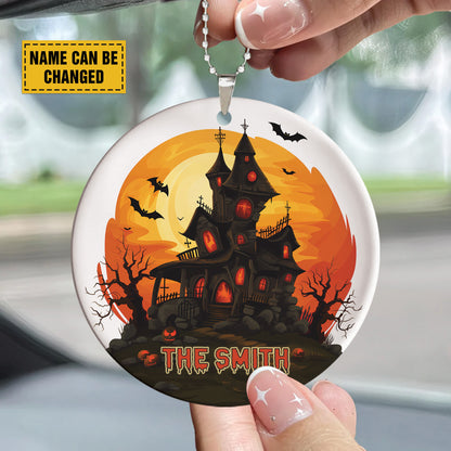 Teesdily | Customized Halloween Haunted House Ornament Car Hanger Rear View Mirror, Pumpkin Bat Spooky Halloween Decor, Holiday Halloween Gifts