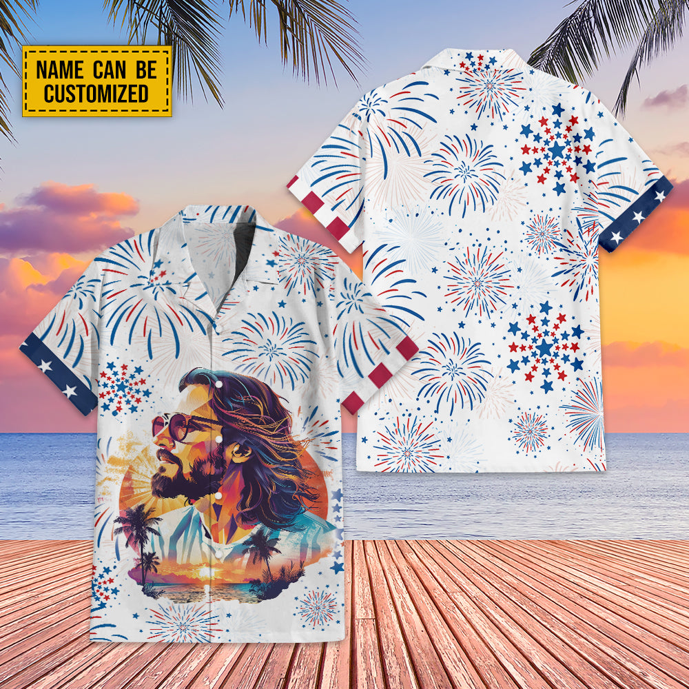 Teesdily | Customized Jesus Graphic Portrait Hawaii Shirt, Independence Day Hawaii Set, 4Th Of July Theme 3D Hawaiian Clothing, Indepedence Day Gifts