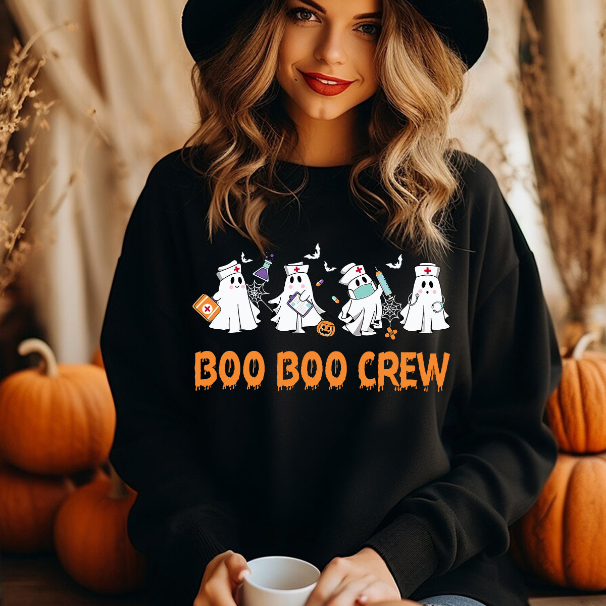 Teesdily | Halloween Nurse T-shirt, Boo Boo Crew Cute Ghost Tee Sweatshirt Hoodie Mug, Halloween Nursing Gift, Spooky Season Gift