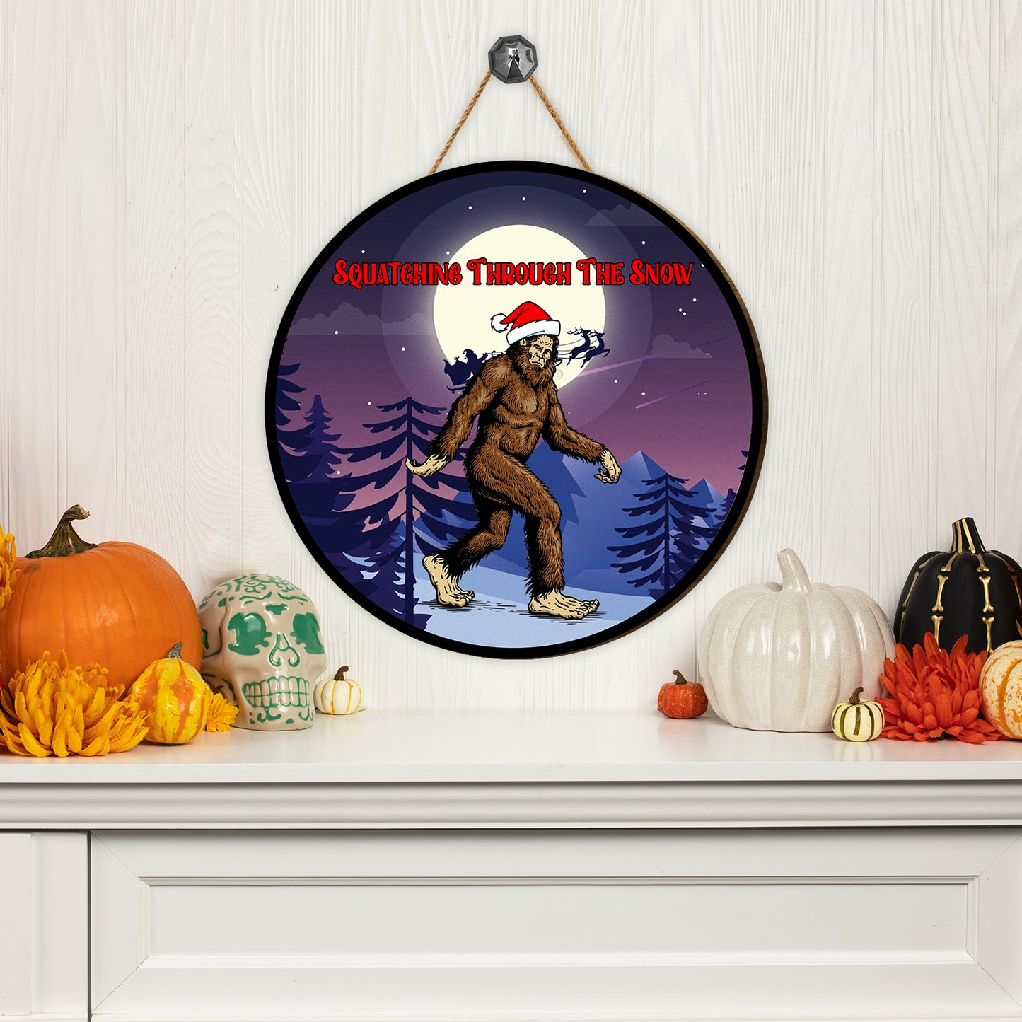 Teesdily | Santa Bigfoot Mountain Landscape Christmas Wood Sign Door Decoration Happy Christmas's Day Holiday Gift Idea Porch Decor