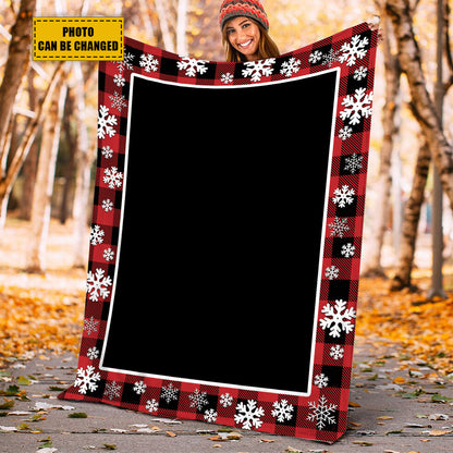 Teesdily | Christmas Customize Blankets With Photos, Xmas Snowflake Plaid Custom Blanket With Picture, Christmas Keepsake Photo Blanket Gifts