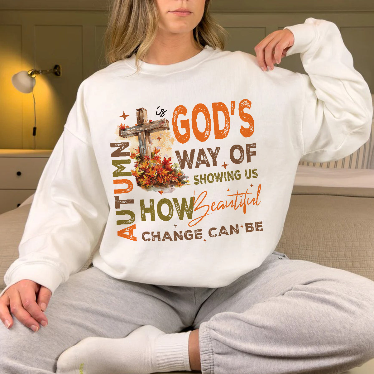 Teesdily | Jesus Cross Shirt, Autumn Is God's Way Of Showing Us How Beautiful Change Can Be Sweatshirt Hoodie Mug, Cross Leaves Fall Christian Gift