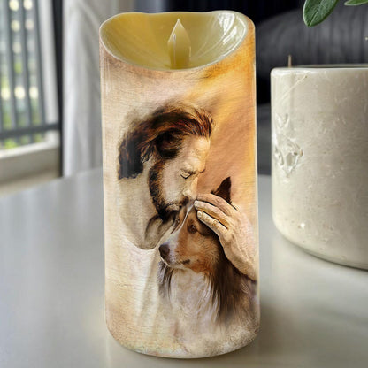 Teesdily | Customized Jesus With Dogs Memorial Led Candle, Pet Sympathy Gift, Dog Mom Gift, Memorial Dog Led Candle