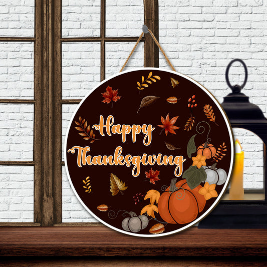 Teesdily | Happy Thanksgiving Round Wood Sign Autumn Pumpkins Foliage Vine Round Hanging Sign Dorm House Welcome Sign Harvest Day Thanksgiving Gifts