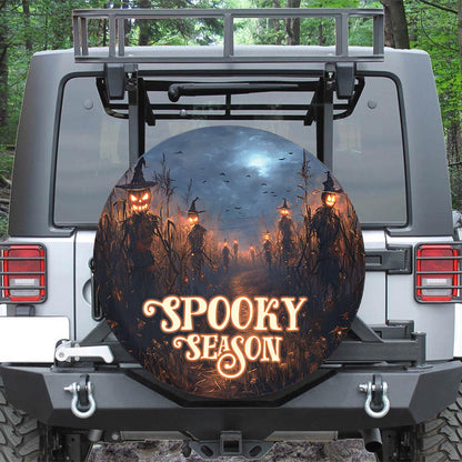 Teesdily | Halloween Spooky Season Car Spare Tire Cover, Scarecrow Pumpkin Corn Farming Car Wheel Cover, Car Decoration, Halloween Gifts