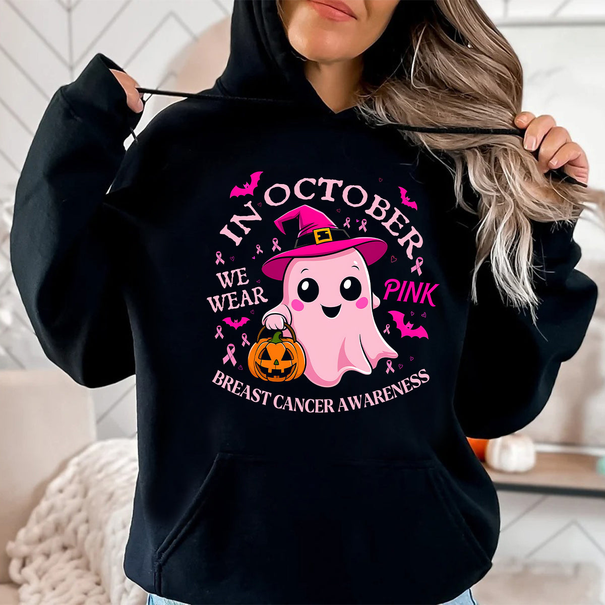 Teesdily | Cute Ghost Breast Cancer Awareness Shirt, In October We Wear Pink Tee Sweatshirt Hoodie Mug, Breast Cancer Support Warrior Gift