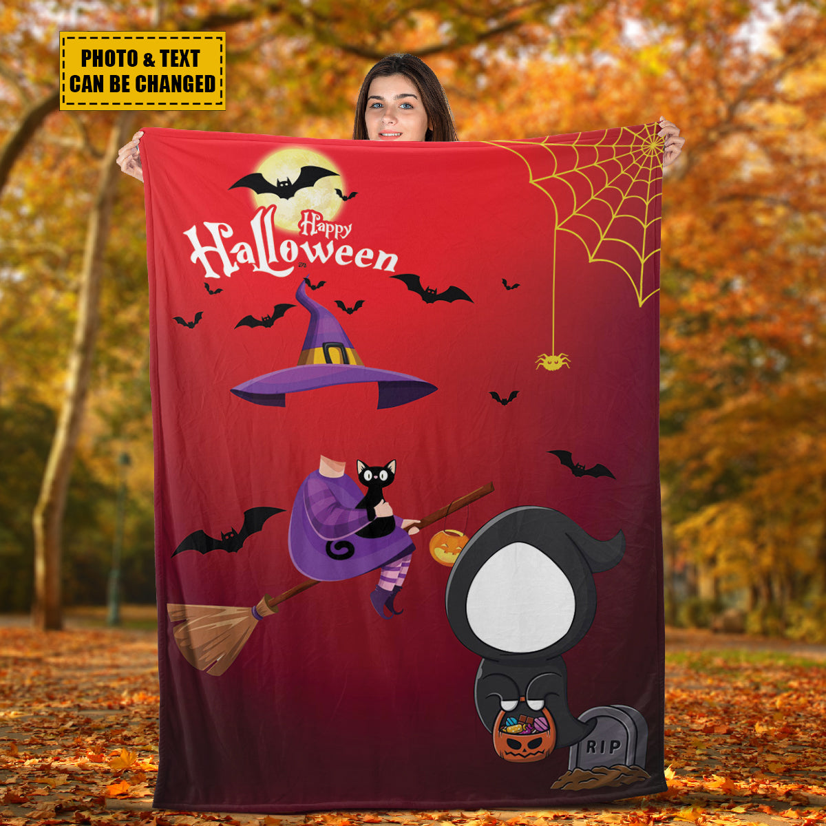 Teesdily | Halloween Custom Face Blanket Funny Witch Personalized Photo Blankets Throw With Picture Halloween Gift For Family And Friends