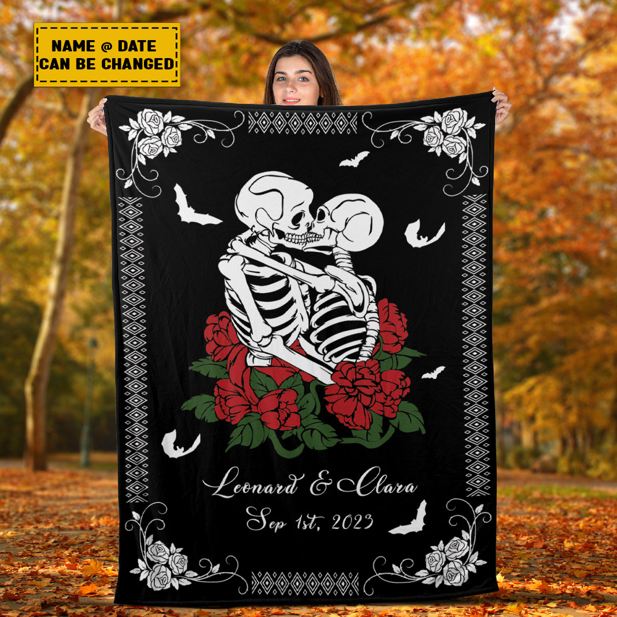 Teesdily | Personalized Skull Throw Blanket Custom Spooky Skeleton Rose Together Forever Fleece Blanket Gothic Skeleton Halloween Couples Funny Gifts