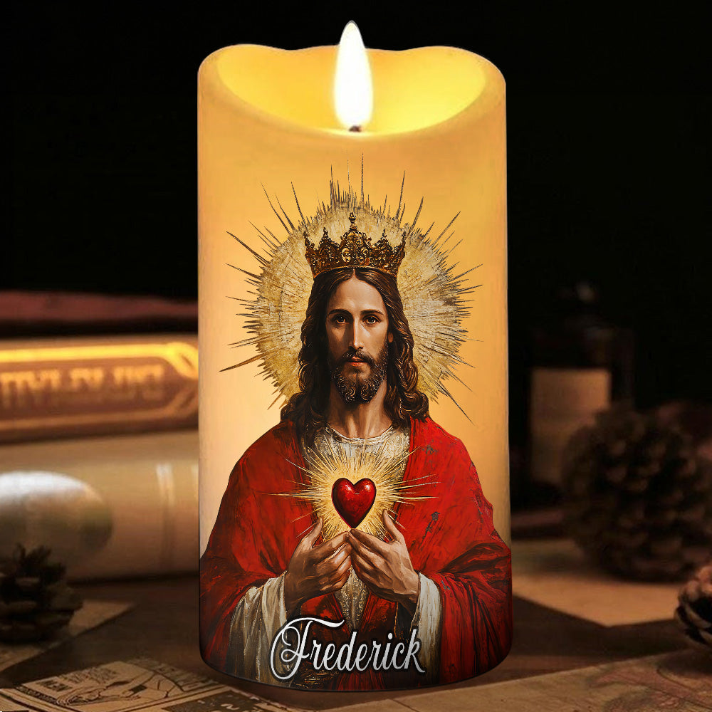 Teesdily | Custom Sacred Heart Of Jesus LED Candle No Battery, Jesus Prayer Cross Flower Candle, Religious Christmas Light Gift