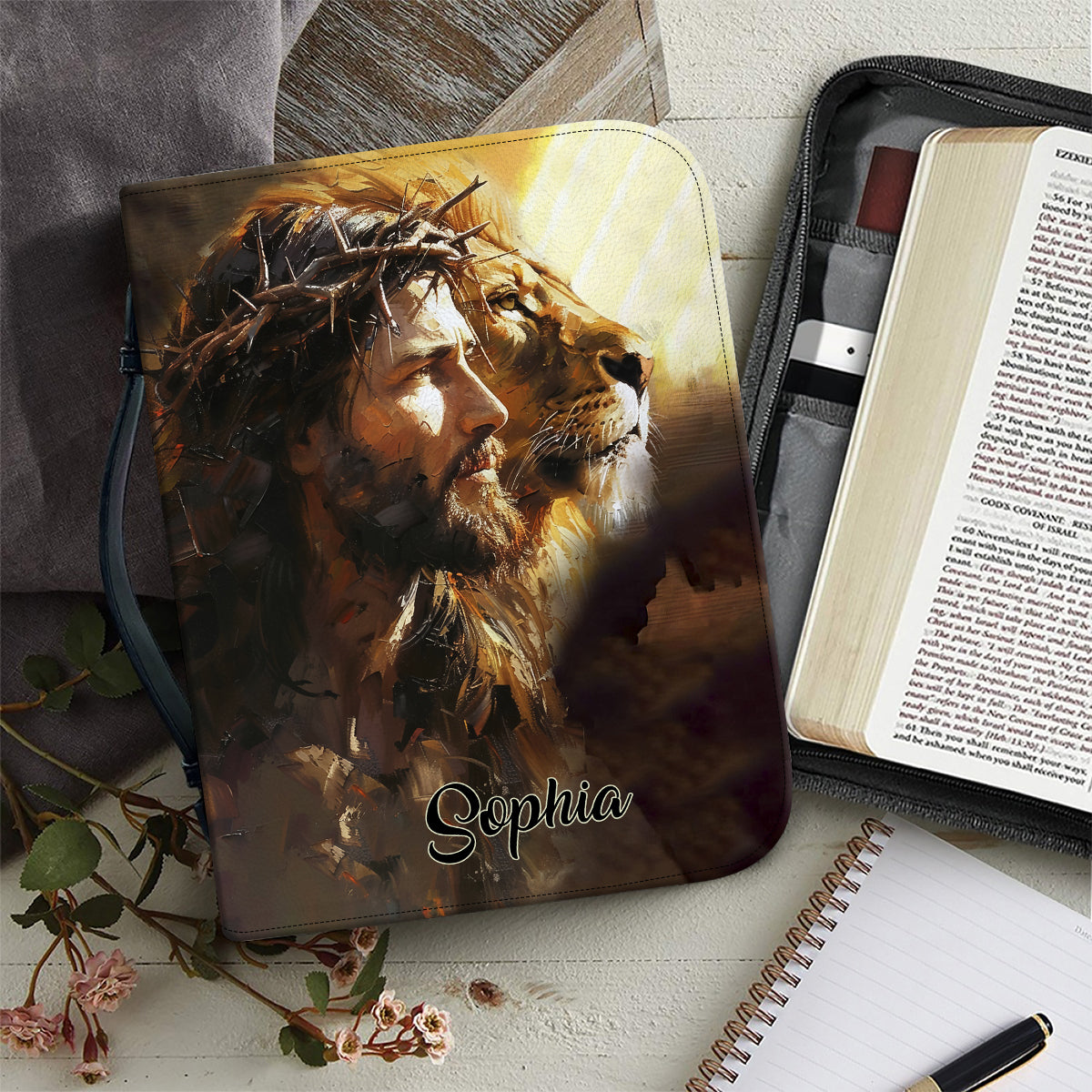 Teesdily | Personalized Jesus Lion Bible Cover, Way Maker Miracle Worker Promise Keeper Bible Bags, Christian Gifts, Custom Bible Case With Name