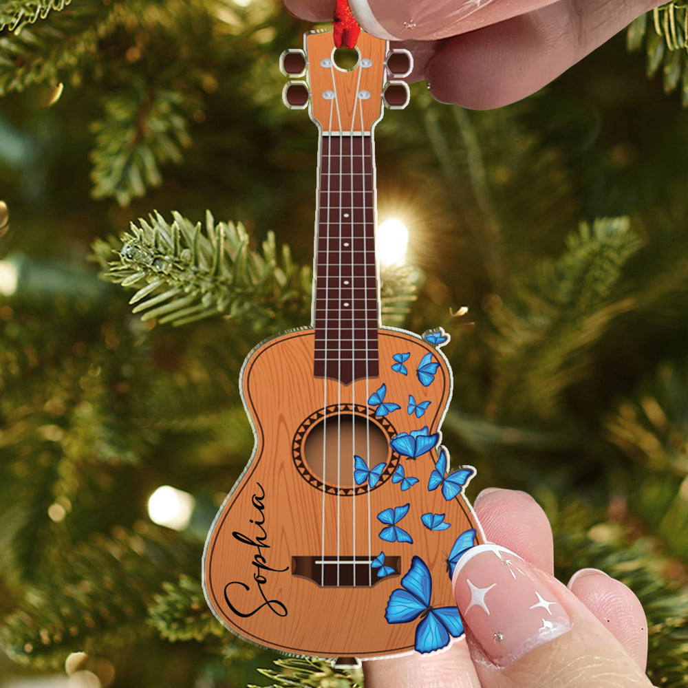 Teesdily | Customized Butterfly Guitar Ornament 2d Flat Acrylic, Artist Guitar Player Ornament Christmas, Gift For Guitar Players