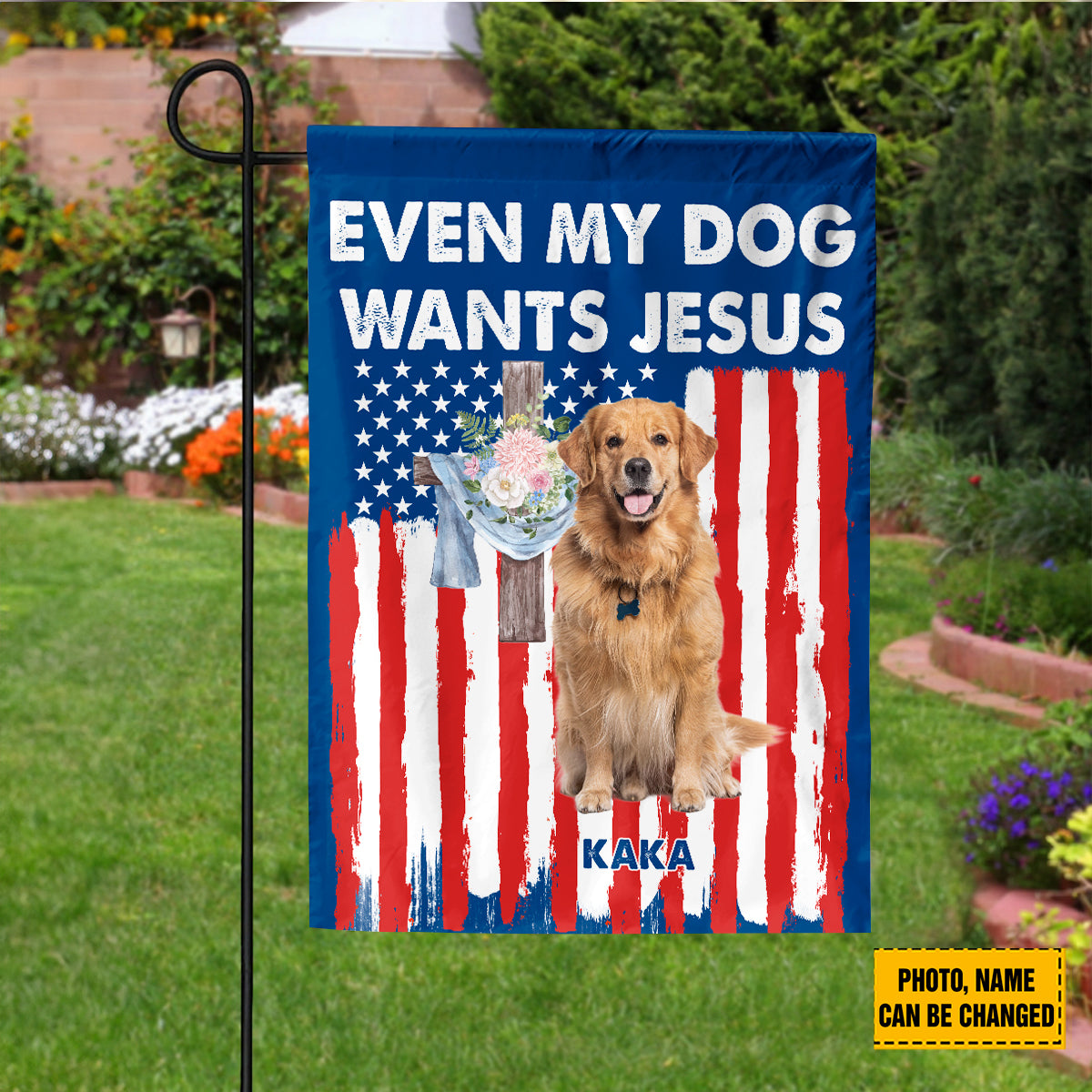 Teesdily | Customized Golden Retriever American Flag Home, Even My Dog Wants Jesus Garden Flag, Patriot 4th Of July House Flag Decor, Dog Lover Gift