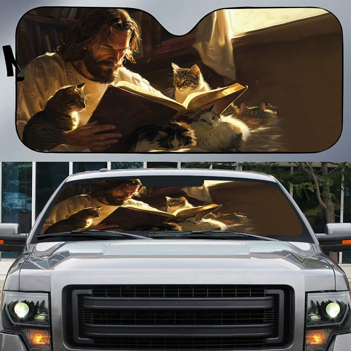 Teesdily | Jesus And Cats Sunshade, God Reading Bible Book Auto Sunshade, UV Protector Shields Auto, Christ Car Windshield Sunshade, Cat Lover Gifts