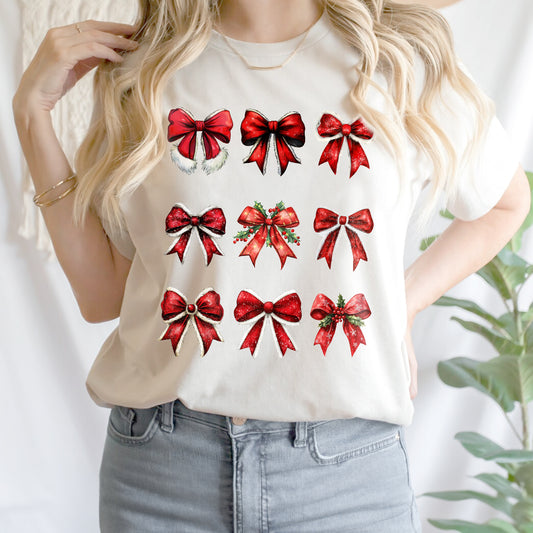 Teesdily | Christmas Coquette Bow Shirt, Red Bow Santa Sweatshirt, Noel Bow Coquette Hoodie Mug, Retro Christmas Tshirt Family