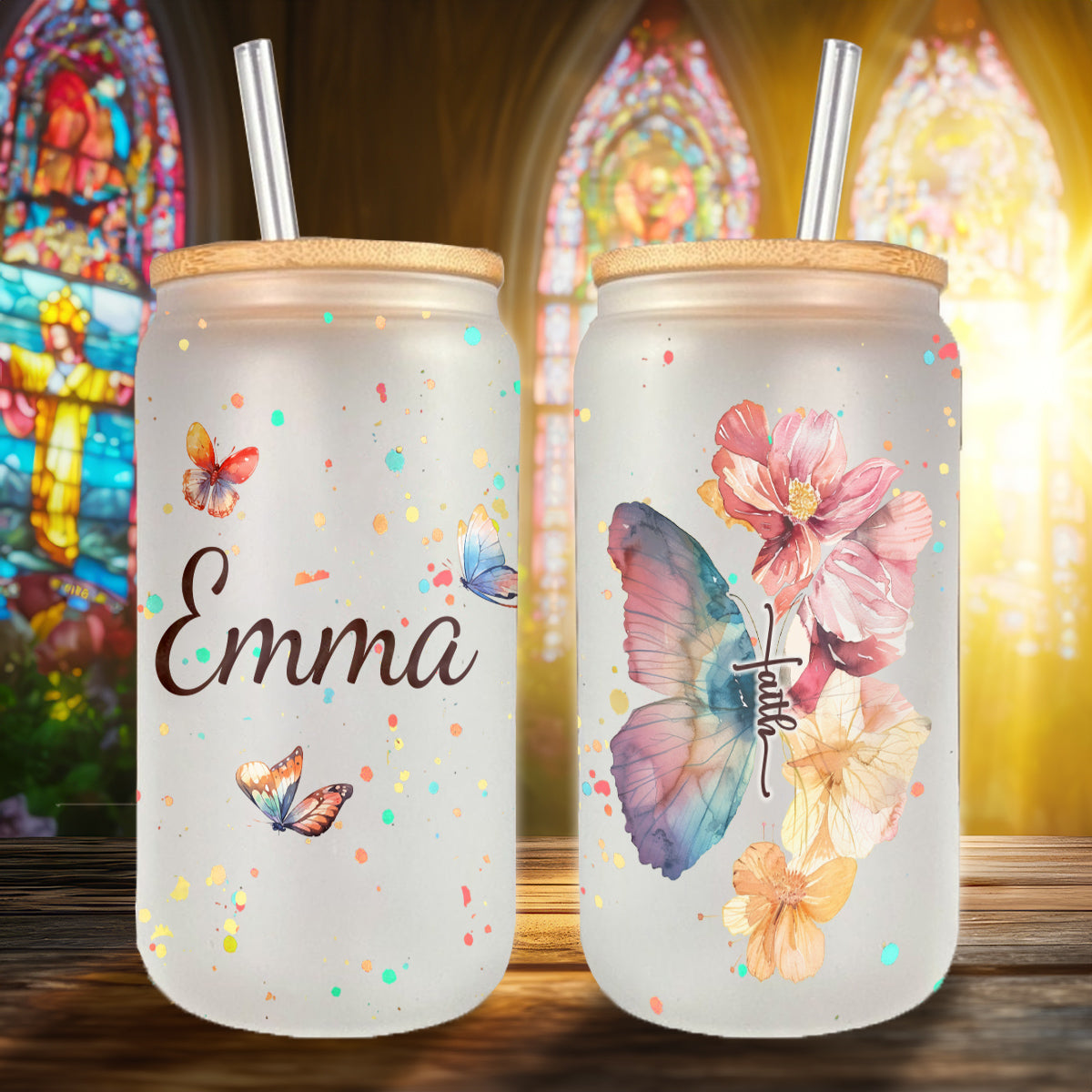 Teesdily | Customized Jesus Floral Butterfly Frosted Can, Faith Glass Can With Straw, Jesus Lover Gifts, Inspirational Gifts For Women