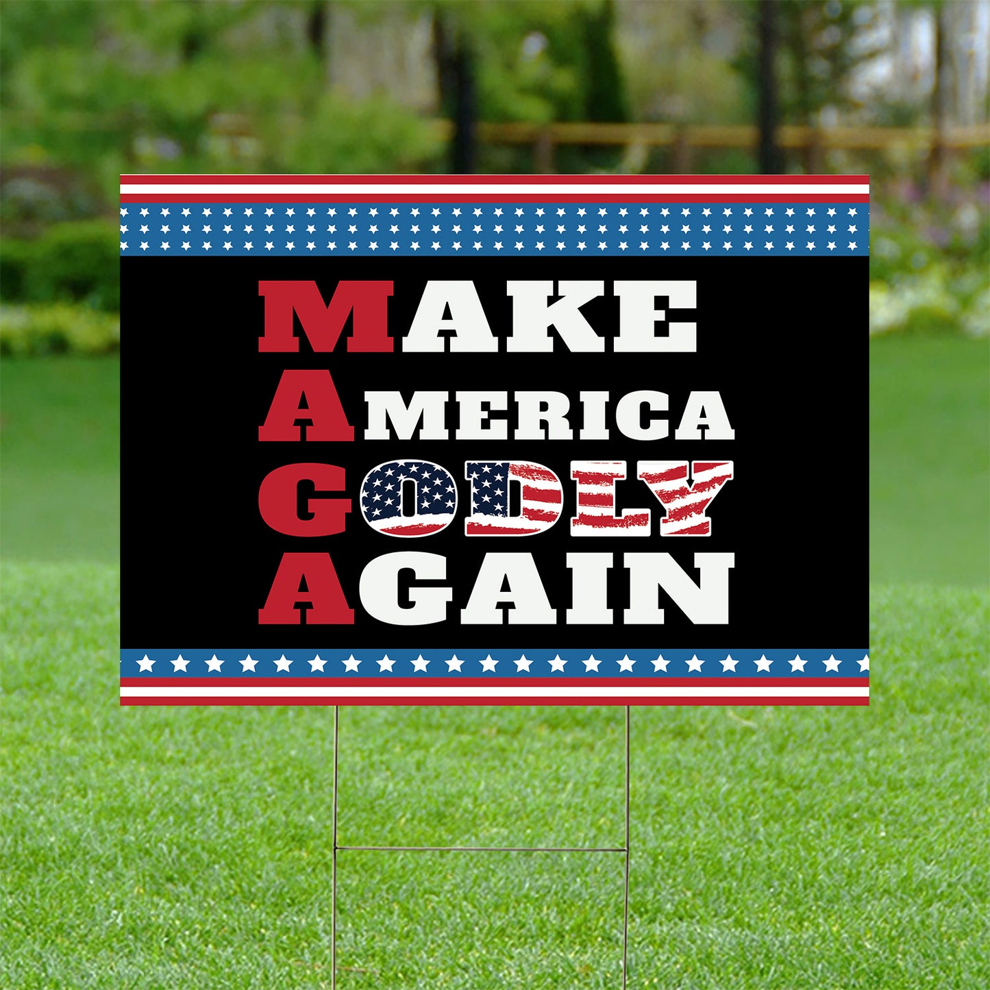 Teesdily | Make America Godly Again Yard Sign, American Flag Garden Lawn Sign, Jesus Christ Banner Outdoor Sign, Independence Decor, Jesus Lovers Gift