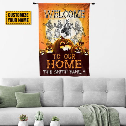 Teesdily | Personalized Welcome To Our Home Flag, Skeleton Dancing Pumpkin Halloween Garden Flag, Halloween Party House Flag, Yard Banner Decor