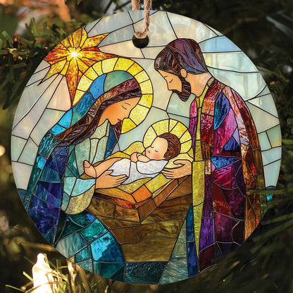 Teesdily | Holy Family Stained Glass Print Christmas Ornament, Jesus Nativity Ornament 2D, Religious Christian Scene Ornament Gift