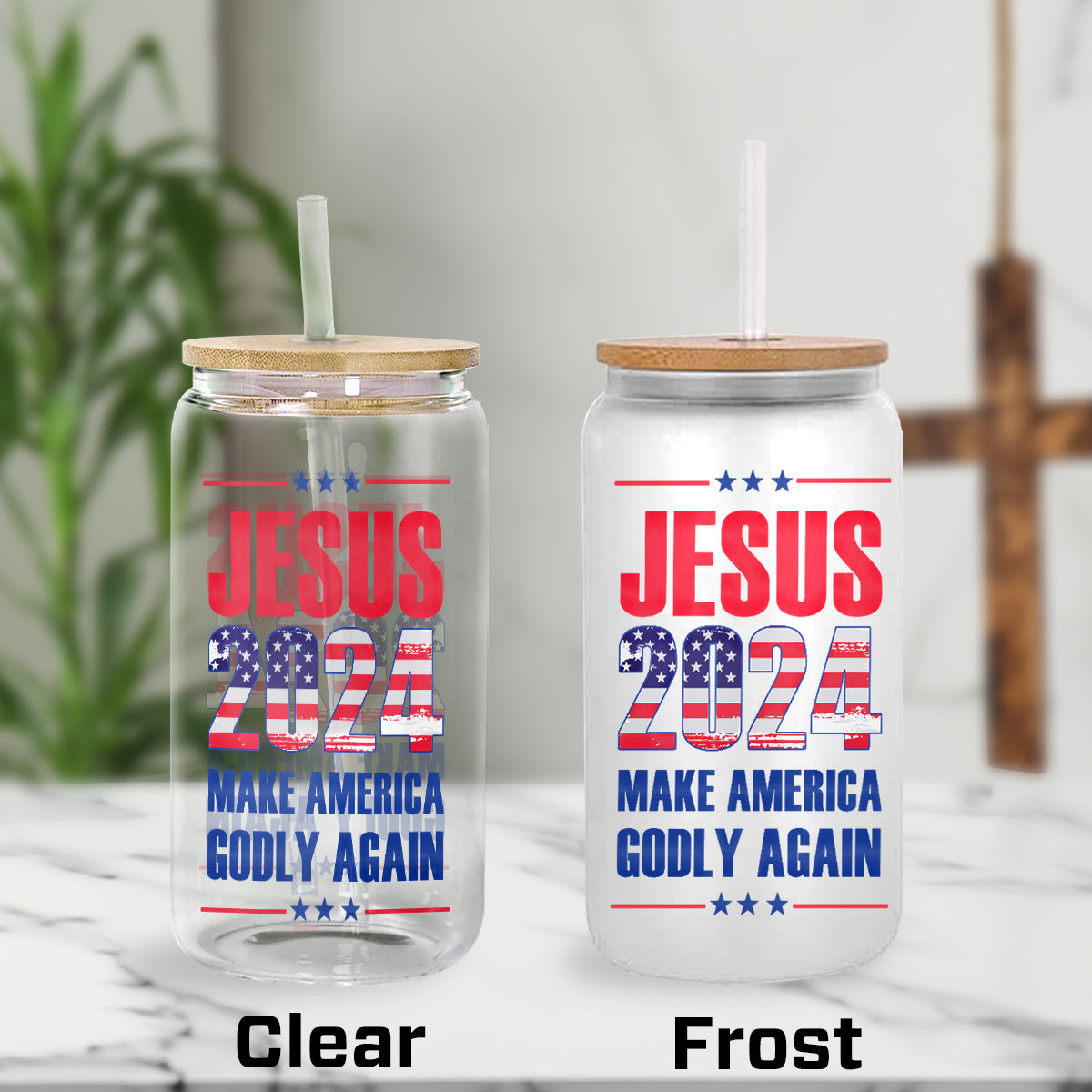 Teesdily | Jesus American Flag Glass Can, Jesus 2024 Make America Godly Again Coffee Cup, God Lovers Gifts, Frosted / Clear Glass Can With Straw