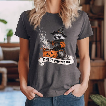 Teesdily | Retro Witch Raccoon Shirt, Time To Stir The Pot Sweatshirt, Raccoon Pumpkin Pot Hoodie Mug, Halloween Costume Family