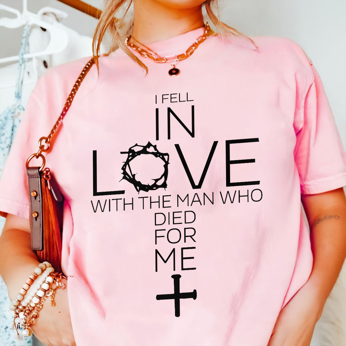 Teesdily | Jesus Cross Shirt, I Fell In Love With The Man Who Died For Me Tee Sweatshirt Hoodie Mug, Jesus Lovers Gifts, Christian Tee