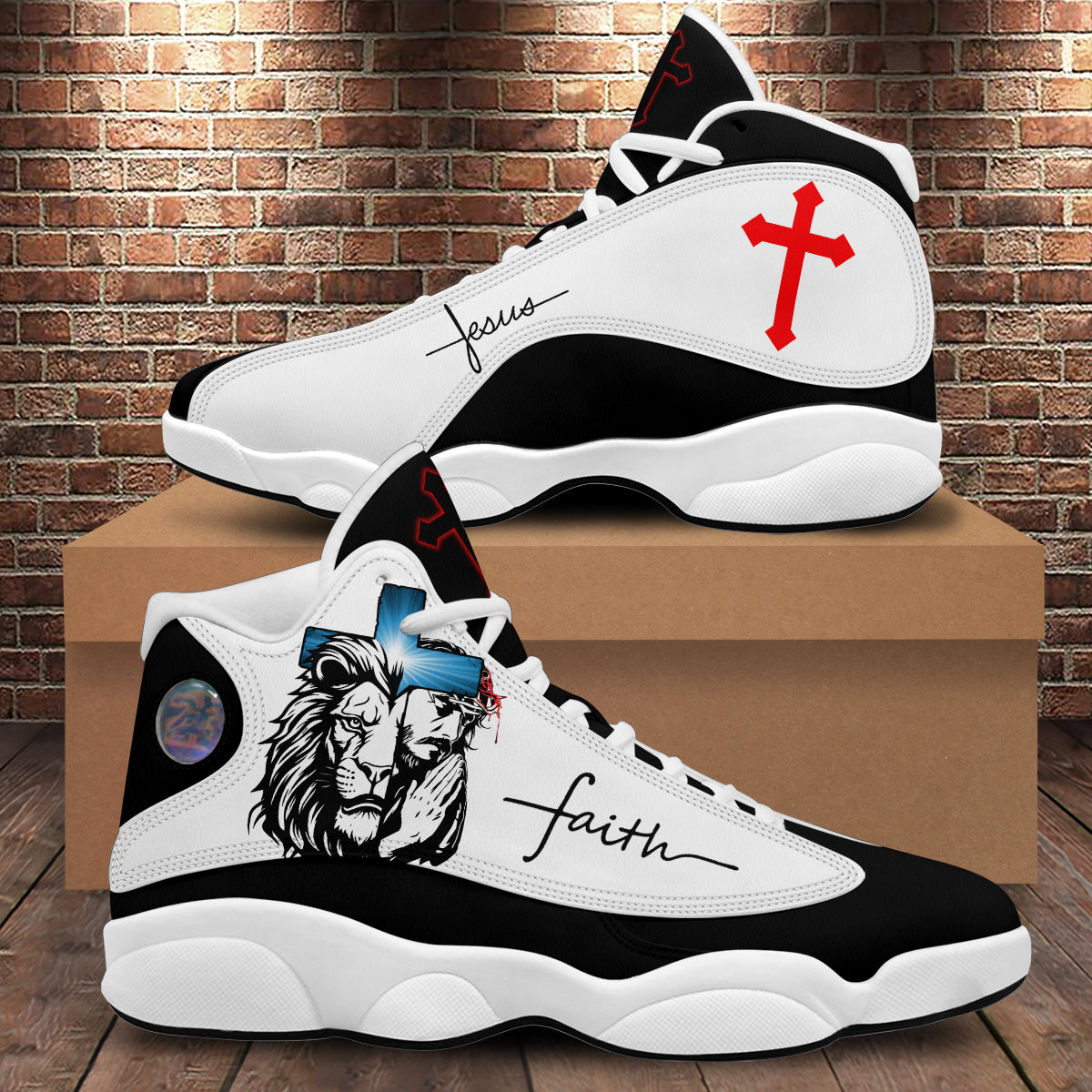 Teesdily | Jesus Lion Of Judah Art Cross Basketball Shoes, Jesus Faith Running Shoes, Christian Unisex Basketball Shoes, Faith Believers