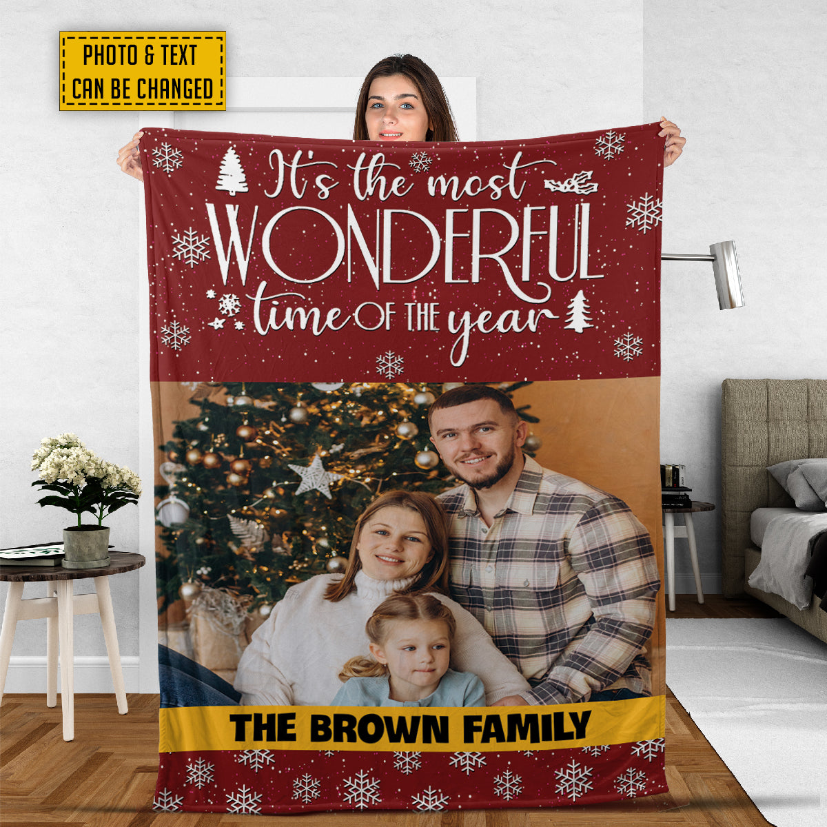 Teesdily | Family Christmas Customize Blankets With Photos Xmas Wonderful Time Of The Year Sherpa Blanket Christmas Custom Blanket With Picture Gifts