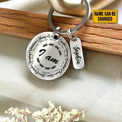 Teesdily | Customized Jesus Bible Verse Keychain, I Am Strong Beautiful Bible Verse Keychain, Jesus Lovers Gifts, Christian Inspiration Gifts