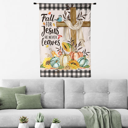 Teesdily | Jesus Cross Thanksgiving House Flag Fall For Jesus He Never Leaves Outdoor Flag Buffalo Plaid Pumpkins Yard Flags Farmhouse Holiday Decor