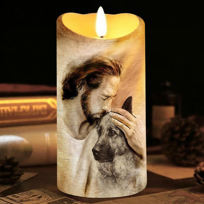 Teesdily | Customized Jesus With Dogs Memorial Led Candle, Pet Sympathy Gift, Dog Mom Gift, Memorial Dog Led Candle