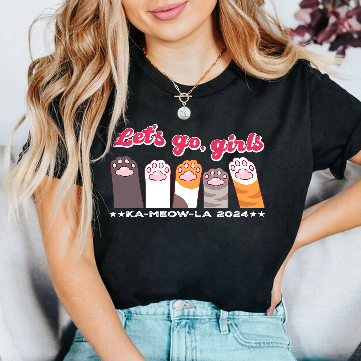 Teesdily | Let's Go Girls Childless Cat Lady Shirt, Ka-meow-la 2024 T-shirt, Cute Cat Lady Sweatshirt Hoodie Mug, Comma La T-shirt