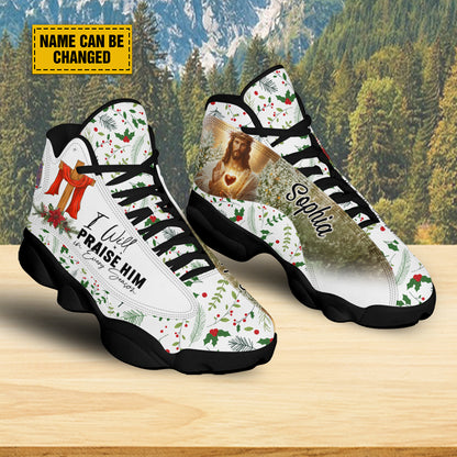 Teesdily | Custom Jesus Christmas Cross Basketball Shoes, I Will Praise Him In Every Season Running Shoes, Christ Religious Gift