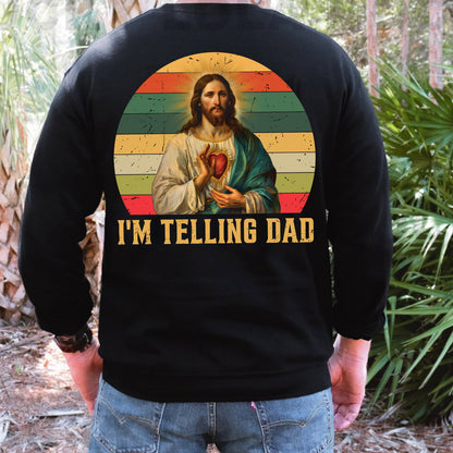 Teesdily | Jesus Sacred Heart Retro Shirt, I'm Telling Dad Shirt, Dad Grandad Vintage Sweatshirt Hoodie Mug, Father's Day Christian Dad Gifts